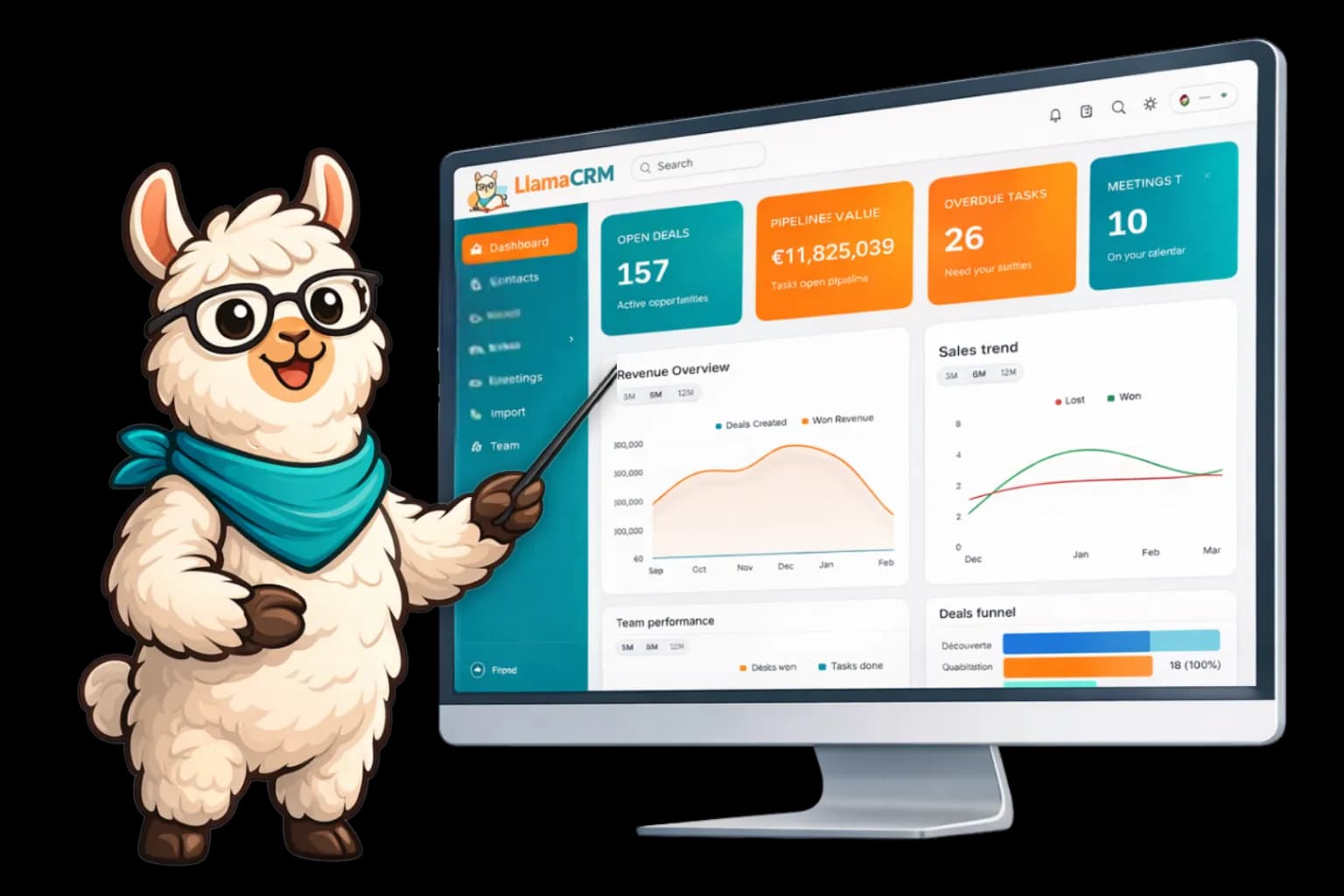 LlamaCRM — mascotte lama avec tableau de bord commercial